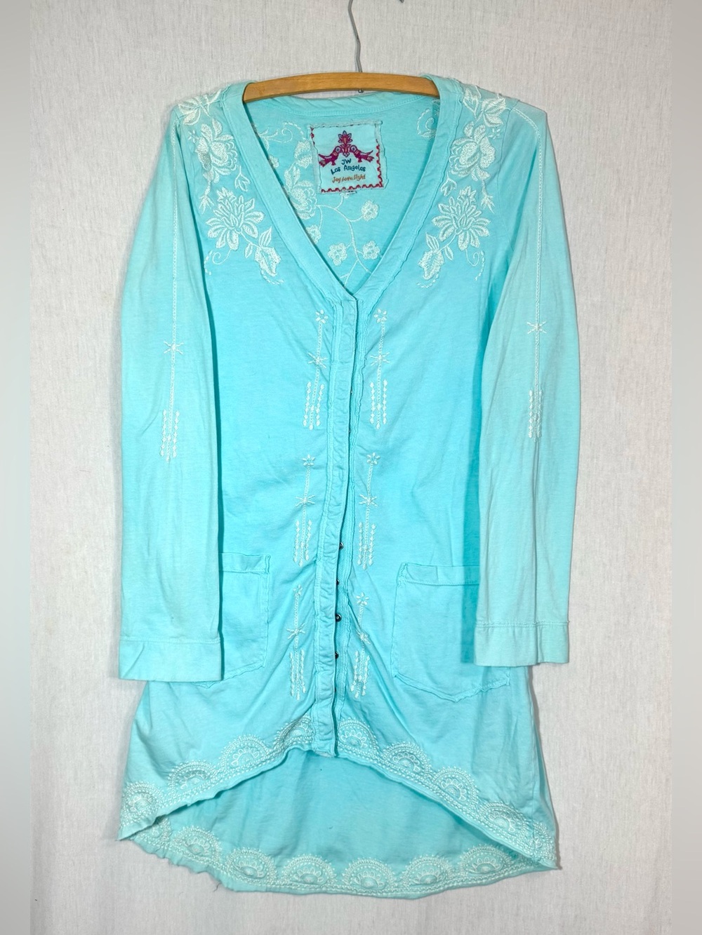 Johnny Was XS hand dyed Sky Blue Embroidered V-Neck Long Cardigan